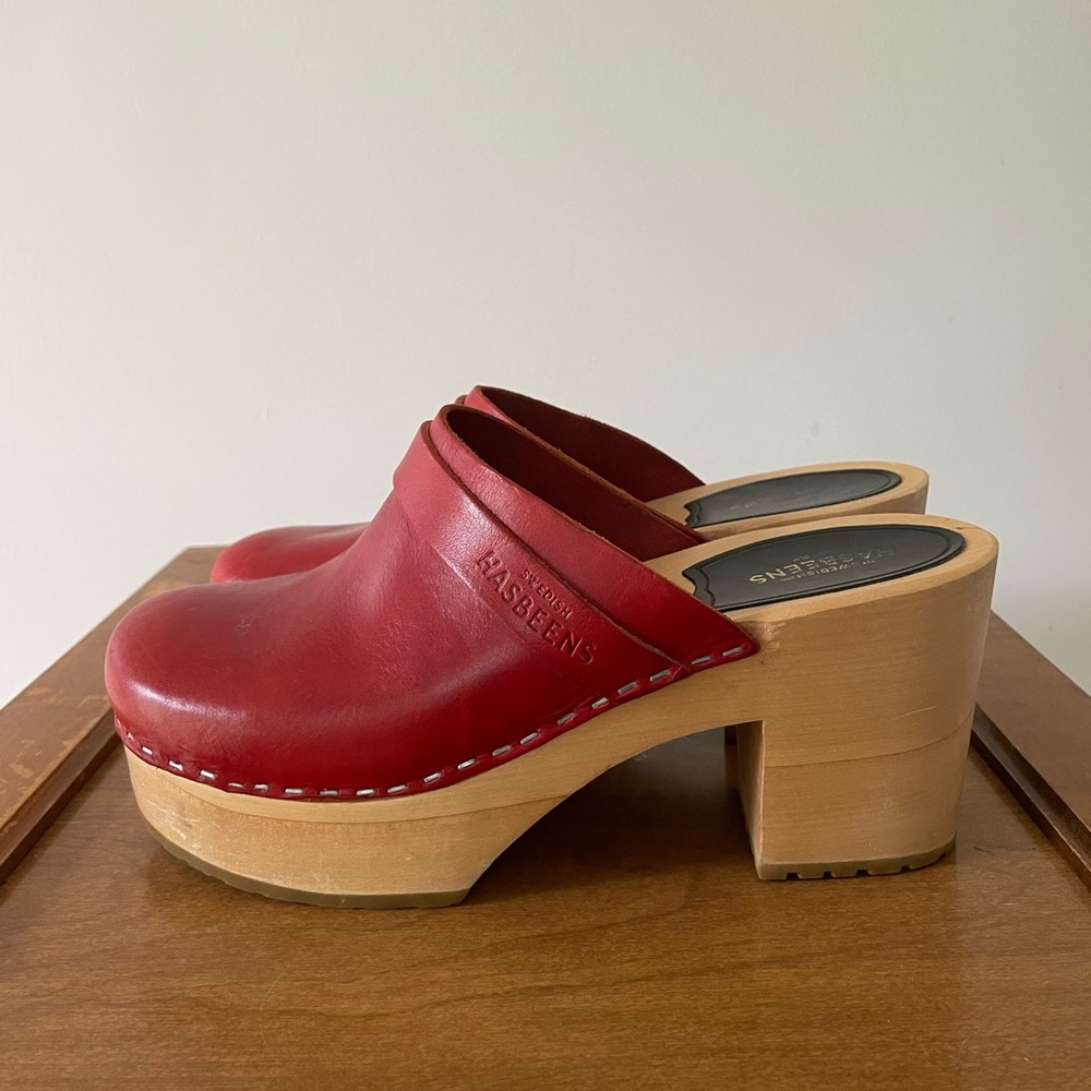 Cherry Red Leather Swedish Hasbeens Platform Clogs